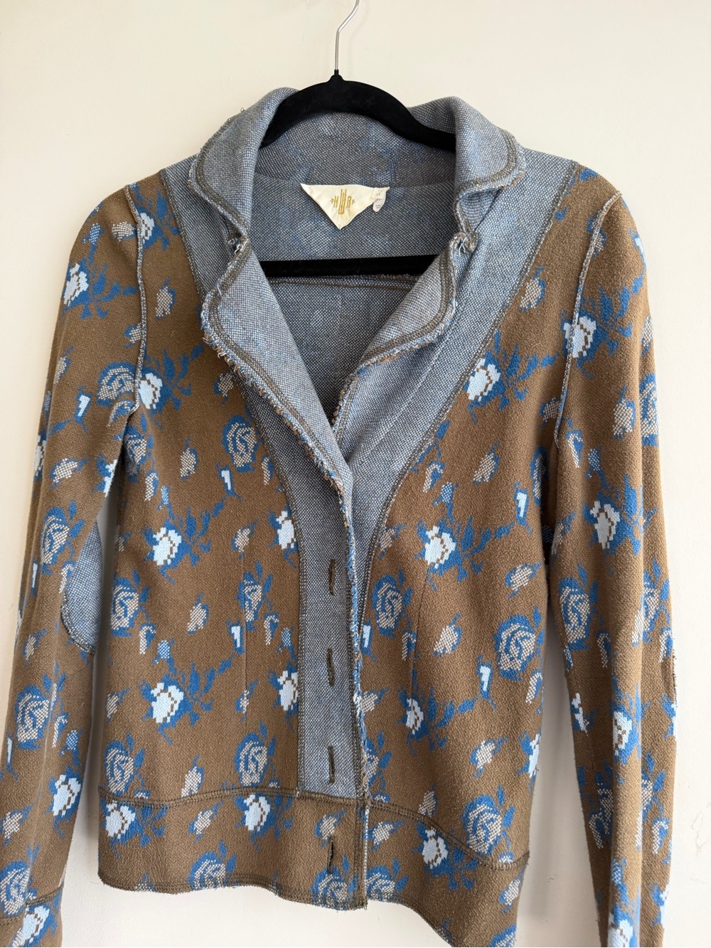 Anthropologie Vintage Floral Knit Cardigan Sweater - Blue & Brown